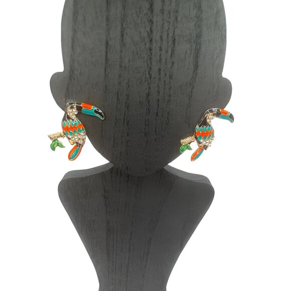 2/$24 Toucan Bird Crystal & Enamel Stud Earrings Gold-Tone Vibrant Multicolor - Picture 6 of 8
